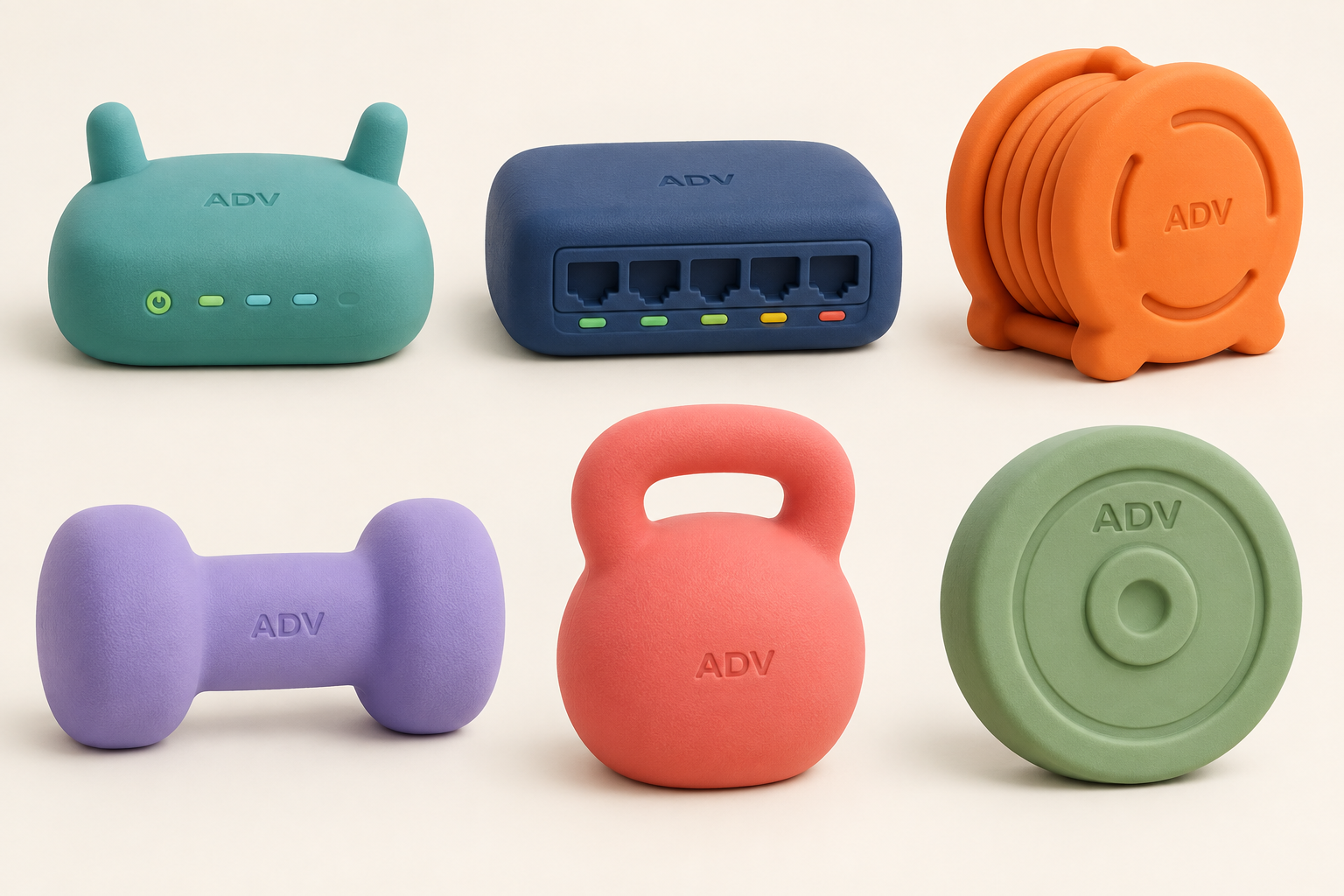 AI concepts of ADV squishy toys shaped like a router, network switch, cable reel, dumbbell, kettlebell and weight plate