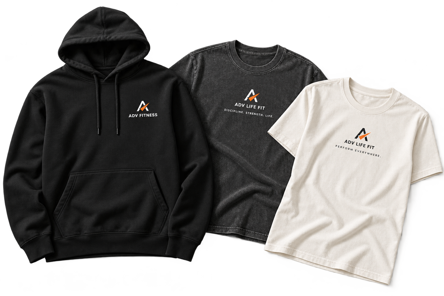 Design mockup of ADV Fitness hoodie, Discipline tee and Perform Everywhere tee