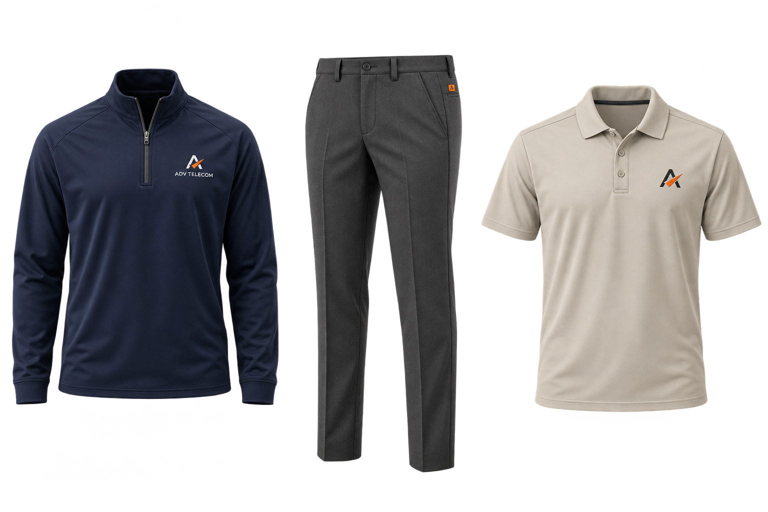 ADV Telecom workwear concepts: navy quarter-zip, charcoal dress trousers and stone polo